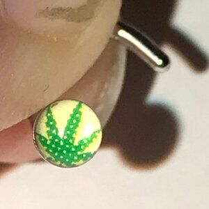 White with Green Pot Leaf 18 Gauge C-shaped Nose Ring